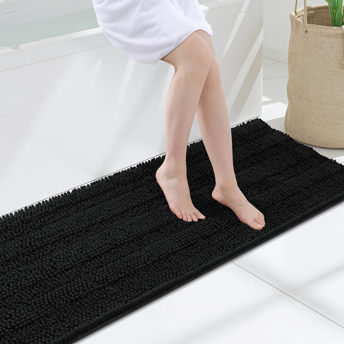 Grandaily Chenille Striped Bathroom Rugs 36x24, Extra Thick and Absorbent Bath Mats, Non-Slip Soft Plush Shaggy Shower Carpet, Machine Wash Dry, Bath Rug for Bathroom, (Large, Light Grey)