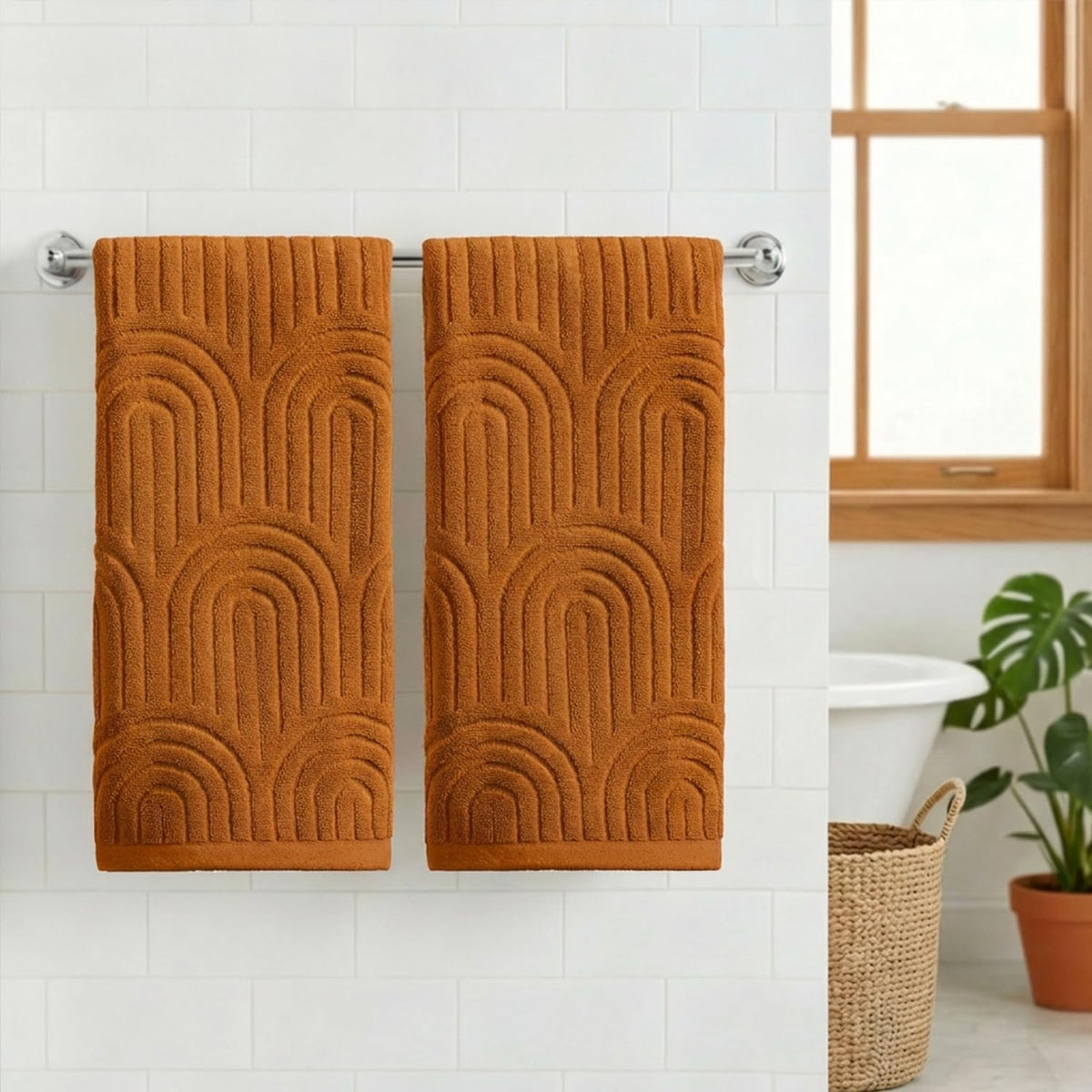 Artoid Mode 2 Pcs Caramel 3D Arched Stripes Jacquard Hand Towels for Bathroom, 100% Cotton Soft Absorbent Bathroom Decor Towels, 13.7 x 29.5 Inch