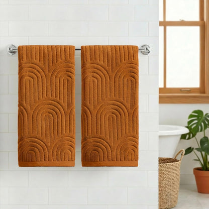 Artoid Mode 2 Pcs Caramel 3D Arched Stripes Jacquard Hand Towels for Bathroom, 100% Cotton Soft Absorbent Bathroom Decor Towels, 13.7 x 29.5 Inch