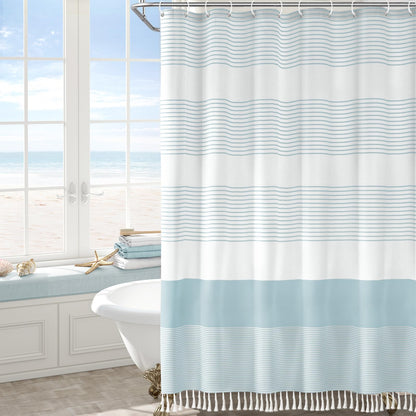 Sage Green Boho Cotton Striped Shower Curtain with Tassel 72"W X 72"L