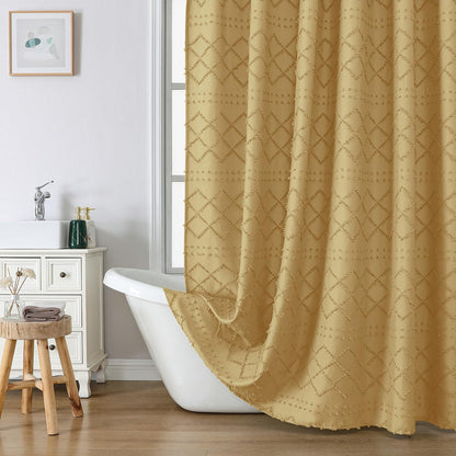 Lecloud White Fabric Shower Curtain 72x72 Inches, Boho Tufted Plaid Striped Shower Curtain Set for Bathroom, Chic Textured Cloth Shower Curtain