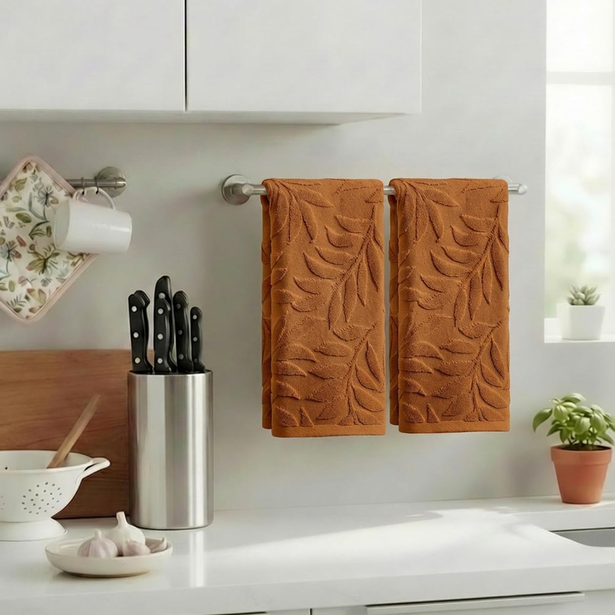 Artoid Mode 2 Pcs Caramel 3D Leaves Jacquard Hand Towels for Bathroom, 100% Cotton Soft Absorbent Bathroom Decor Towels, 13.7 x 29.5 Inch