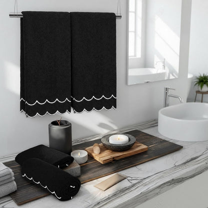 Hahafelt 2 Scalloped Hand Towels Fingertip Towels for Bathroom,Black White