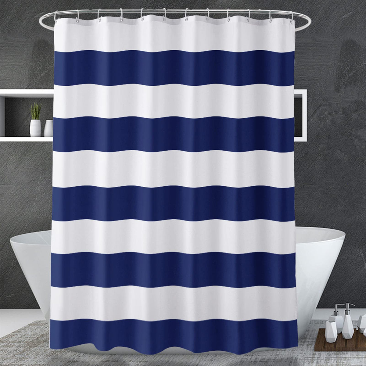 AmazerBath Black and White Shower Curtain Cloth, Striped Shower Curtain Fabric with 2 Heavy Stones, 72" W x 72" H
