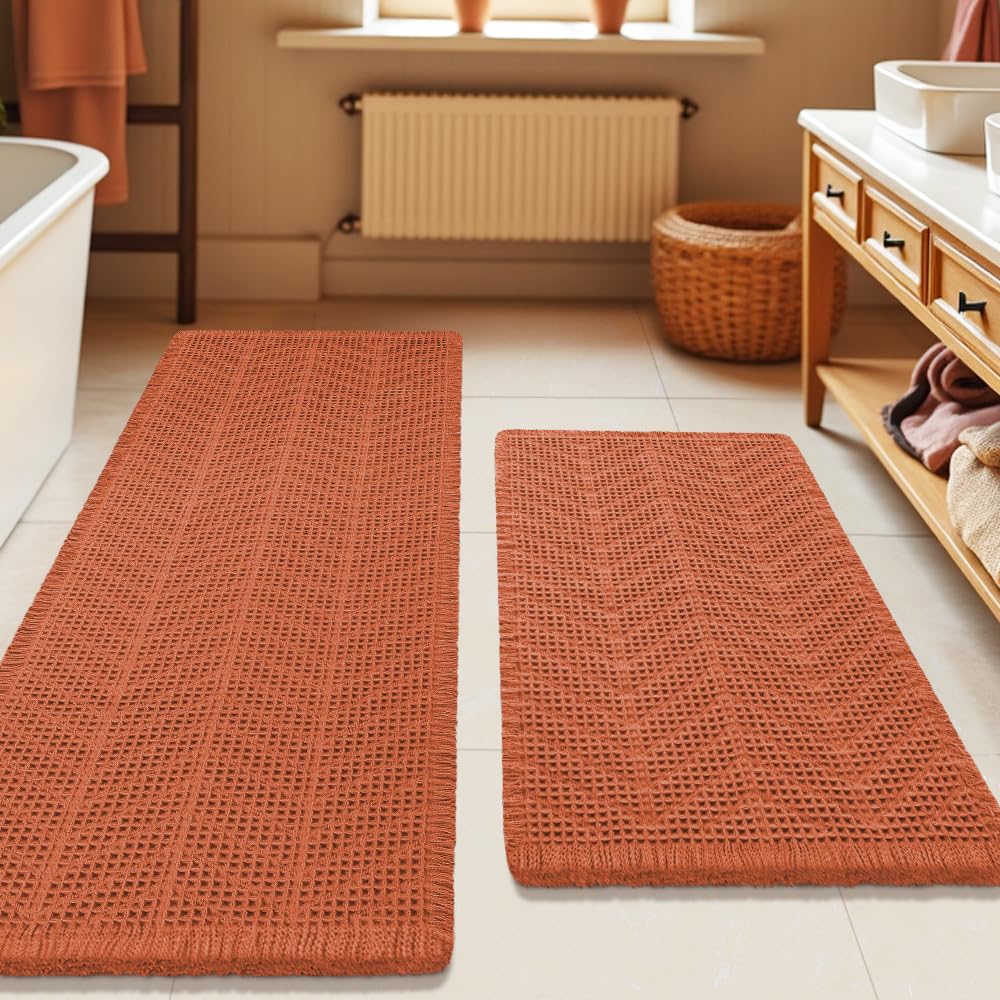 Upgrade Waffle Bath Mat Set 2 Piece, Boho Bathroom Rugs Absorbent Non Slip, Ultra Soft Bathroom Mat, Machine Washable Knit Bath Rugs with Herringbones for Bathroom, Bedroom, Kitchen, Shower, White