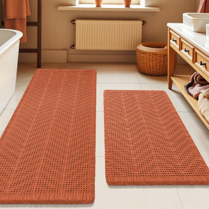 Upgrade Waffle Bath Mat Set 2 Piece, Boho Bathroom Rugs Absorbent Non Slip, Ultra Soft Bathroom Mat, Machine Washable Knit Bath Rugs with Herringbones for Bathroom, Bedroom, Kitchen, Shower, White