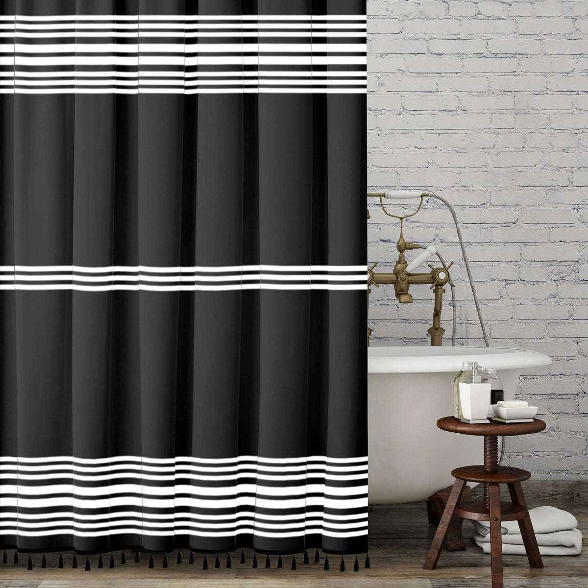 Seasonwood Black and White Shower Curtain with Tassels, 72 x 72