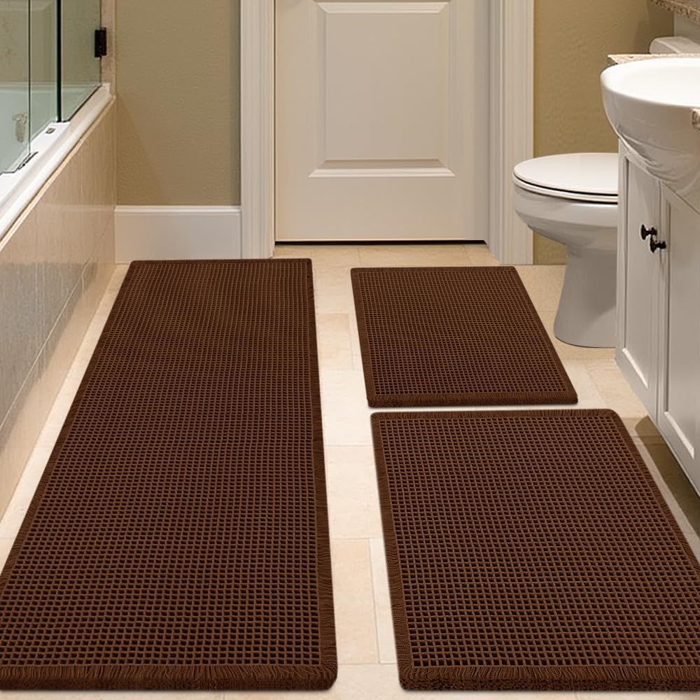 IM HOME Waffle Bath Mat Beige 32"x20", Boho Woven Modern Bath Mat Rugs, Absorbent Non Slip Bathroom Rugs, Soft Washable Bath Rugs with Tassels for Bathroom, Bedroom, Kitchen, Shower, Tub