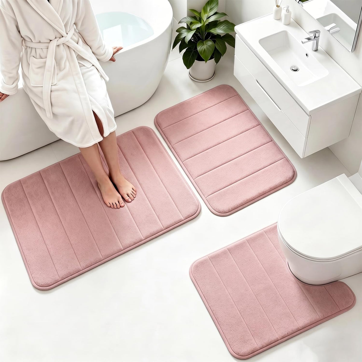 Memory Foam Bath Mat Set 3 Piece，Super Soft Absorbent Bathroom Rug Non Slip, Quick Dry,Machine Wash, Perfect Plush Bathroom Rugs,Home Decor Accessories,Grey