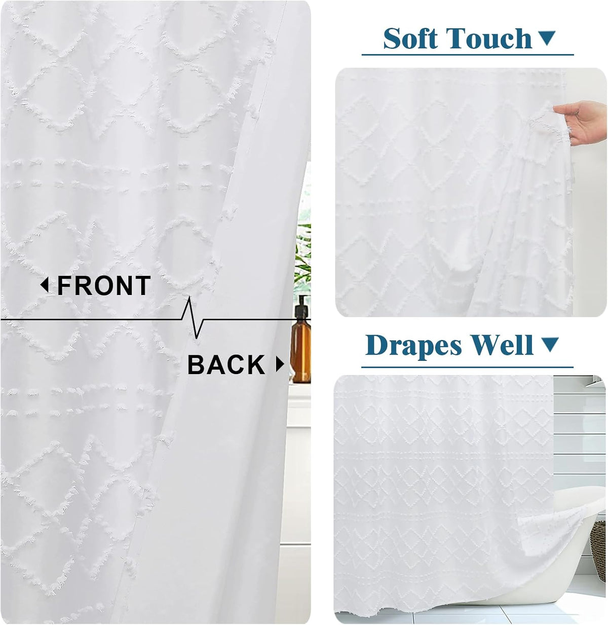 Lecloud White Fabric Shower Curtain 72x72 Inches, Boho Tufted Plaid Striped Shower Curtain Set for Bathroom, Chic Textured Cloth Shower Curtain