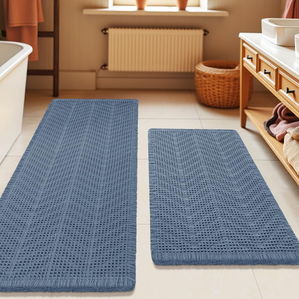 Upgrade Waffle Bath Mat Set 2 Piece, Boho Bathroom Rugs Absorbent Non Slip, Ultra Soft Bathroom Mat, Machine Washable Knit Bath Rugs with Herringbones for Bathroom, Bedroom, Kitchen, Shower, White