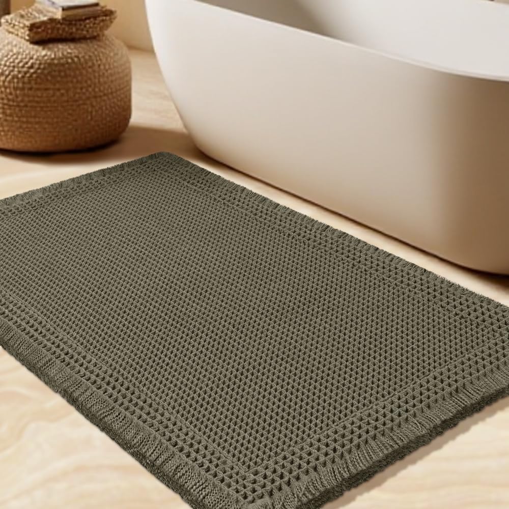 Upgrade Waffle Bath Mat Set 2 Piece, Boho Bathroom Rugs Absorbent Non Slip, Ultra Soft Bathroom Mat, Machine Washable Knit Bath Rugs with Herringbones for Bathroom, Bedroom, Kitchen, Shower, White