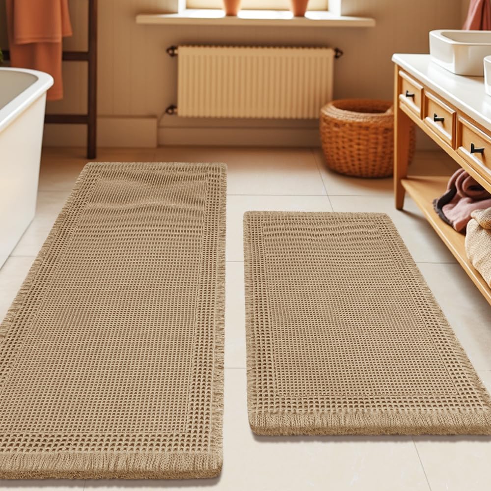 Upgrade Waffle Bath Mat Set 2 Piece, Boho Bathroom Rugs Absorbent Non Slip, Ultra Soft Bathroom Mat, Machine Washable Knit Bath Rugs with Herringbones for Bathroom, Bedroom, Kitchen, Shower, White