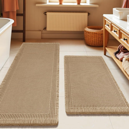 Upgrade Waffle Bath Mat Set 2 Piece, Boho Bathroom Rugs Absorbent Non Slip, Ultra Soft Bathroom Mat, Machine Washable Knit Bath Rugs with Herringbones for Bathroom, Bedroom, Kitchen, Shower, White