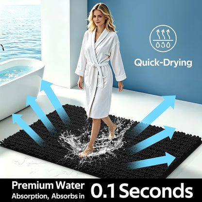 ACCUMTEK Upgrade Extra Large Black Bathroom Rug Set 3 Pieces Ultra Soft, Thick Absorbent Bath Mats, Non Slip Chenille Toilet Mat for Bathroom, Bedroom, Kitchen