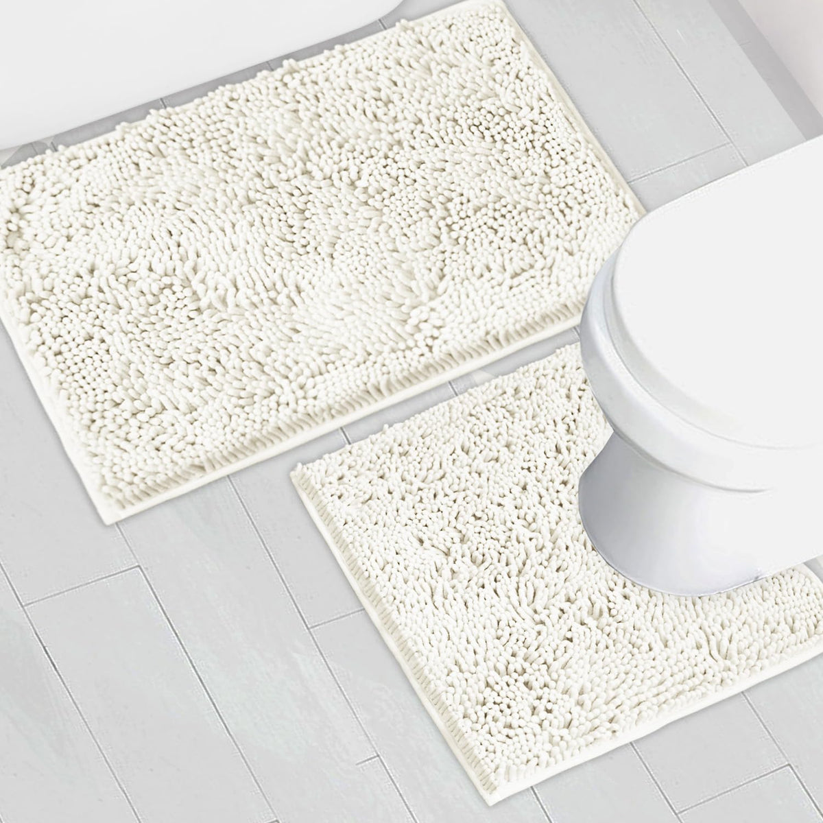 Bathroom Rugs Chenille Bath mat 2 Piece Set, Super Absorbent, Strong PVC Non Slip Backing, Bath mats for Bathroom, Plush Shaggy, Thick, Machine Washable, Bathtub, Toilet.(Light Grey)