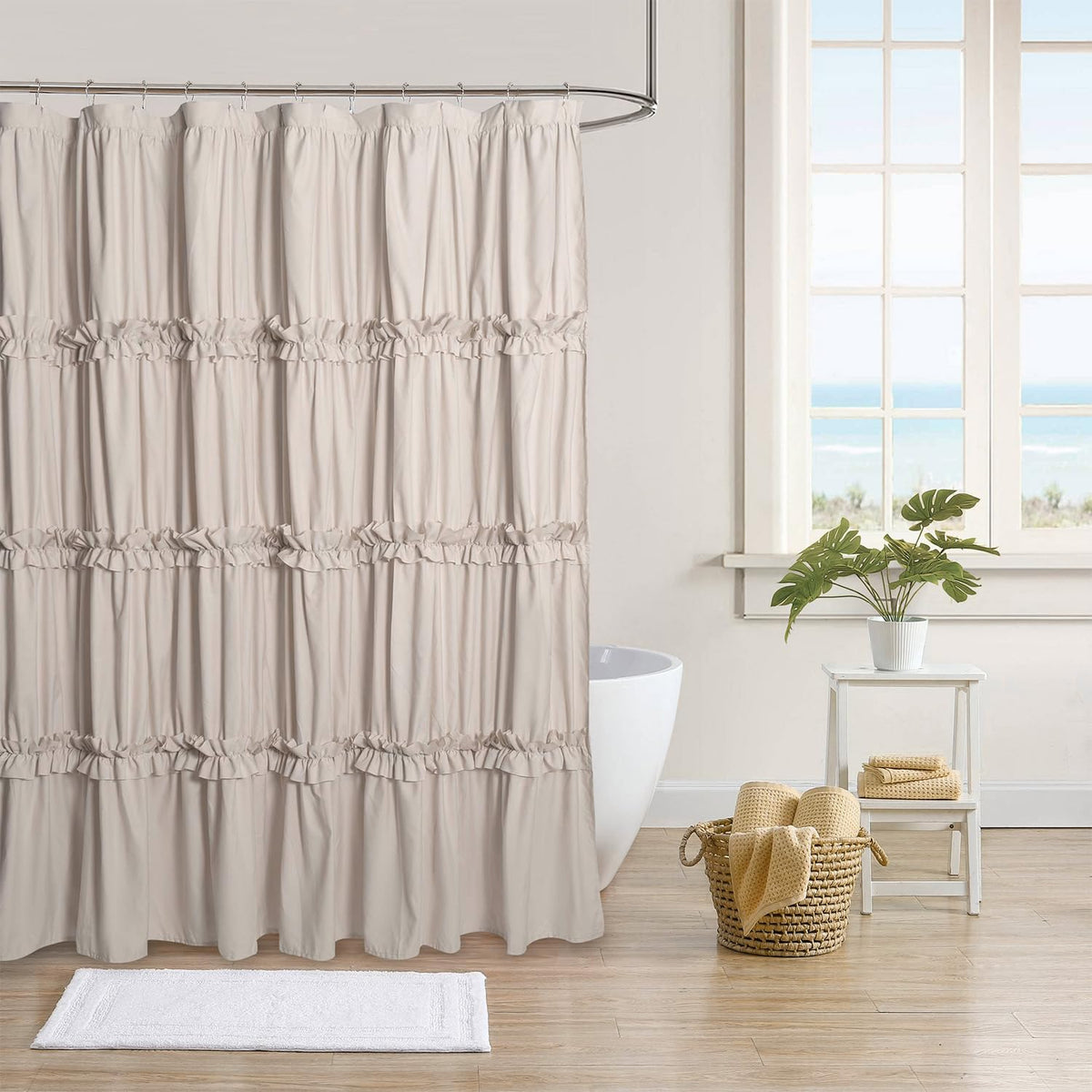 Farmhouse Ruffle Shower Curtain, Gray, 72 x 72 in
