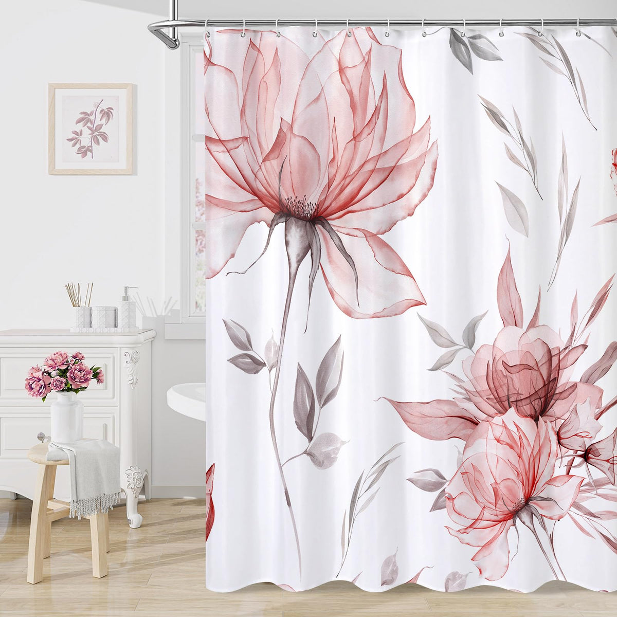 Blue Boho Floral Shower Curtain, Watercolor Botanical Design, 72 x 72
