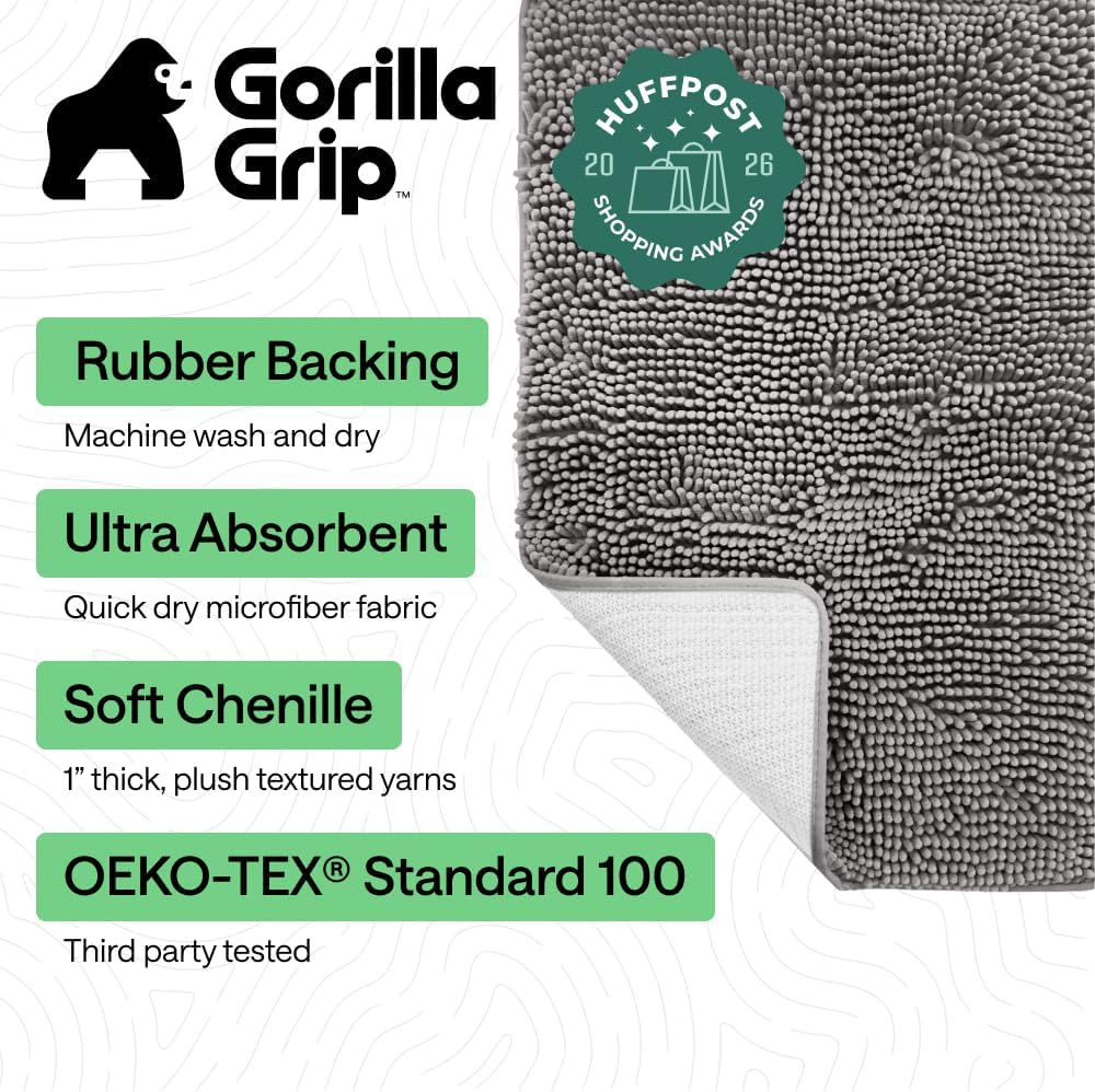 GORILLA GRIP Bath Rug Mat for Bathroom, Absorbent Chenille, 30x20 Gray