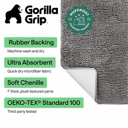 GORILLA GRIP Bath Rug Mat for Bathroom, Absorbent Chenille, 30x20 Gray