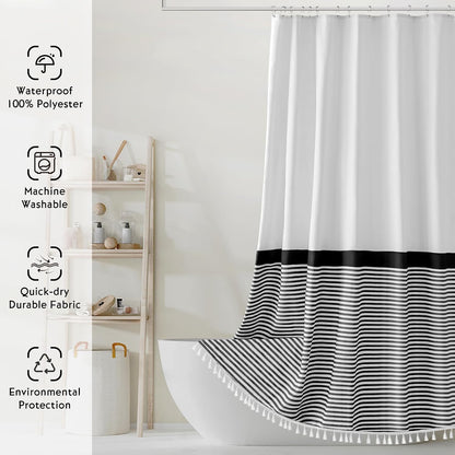 Seasonwood Black and White Shower Curtain Striped with Tassels for Bathroom Decor,Heavy Weighted 72-Inch, 72 x 72
