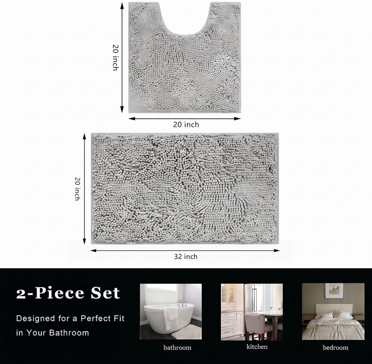 Bathroom Rugs Chenille Bath mat 2 Piece Set, Super Absorbent, Strong PVC Non Slip Backing, Bath mats for Bathroom, Plush Shaggy, Thick, Machine Washable, Bathtub, Toilet.(Light Grey)
