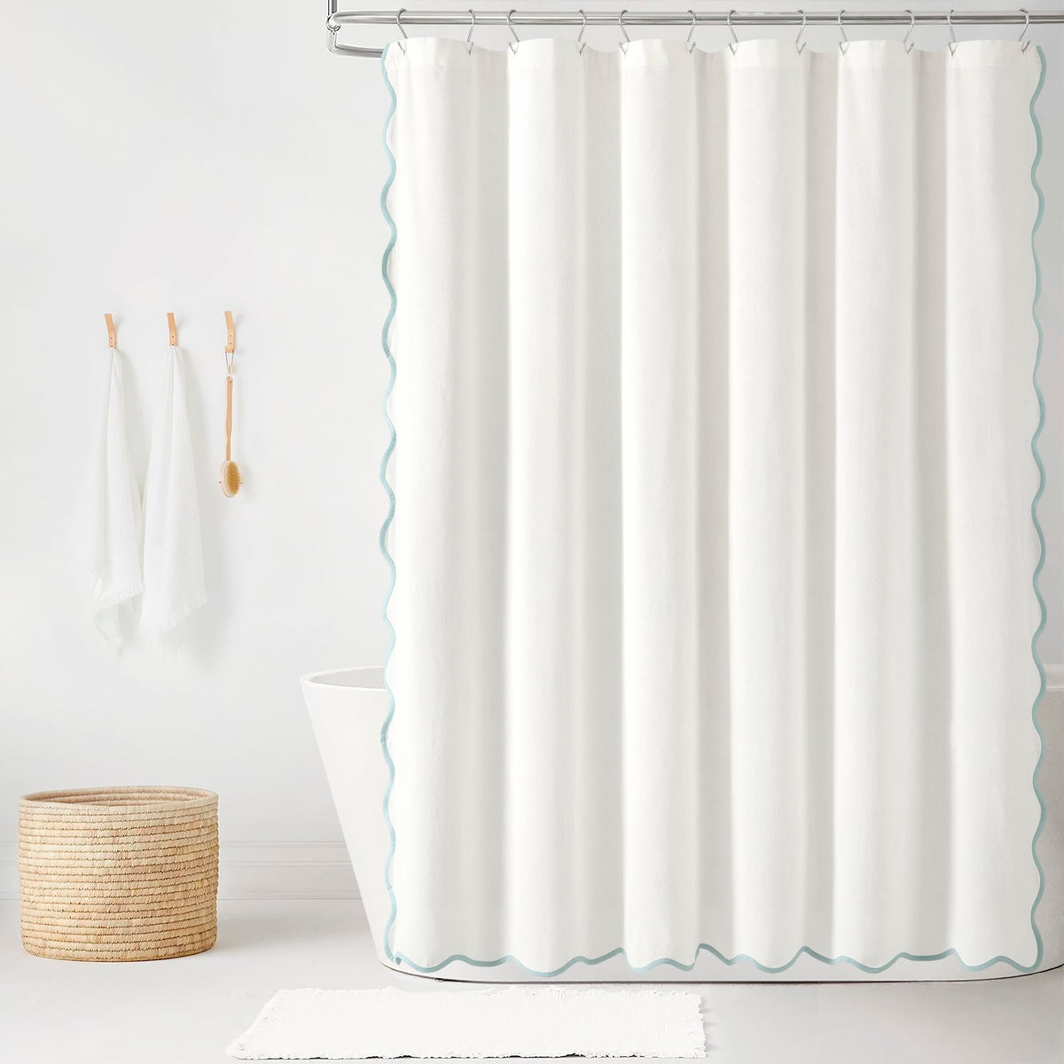 Lush Decor Coastal Chic Scallop Edge Linen-Textured Shower Curtain, Single 72" W x 72" L, Navy & White - Scalloped Shower Curtains - Coastal Bathroom Curtain