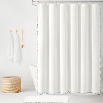 Lush Decor Coastal Chic Scallop Edge Linen-Textured Shower Curtain, Single 72" W x 72" L, Navy & White - Scalloped Shower Curtains - Coastal Bathroom Curtain