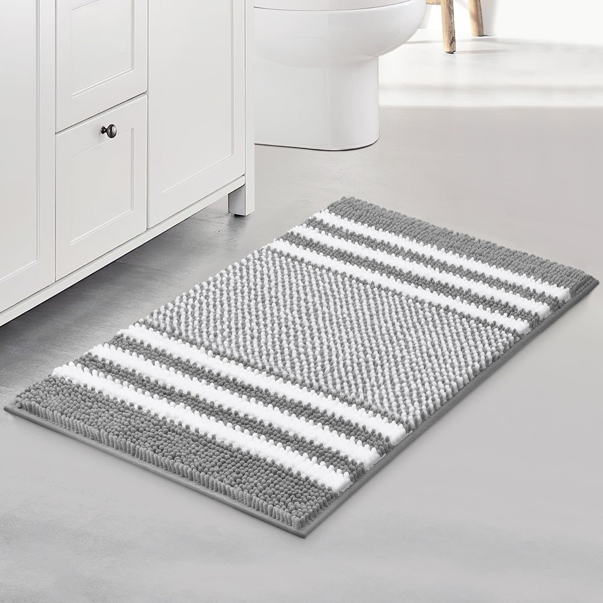 BSICPRO Bathroom Rugs Sets 2 Piece, Non Slip Striped Bath Mats, Fog Blue