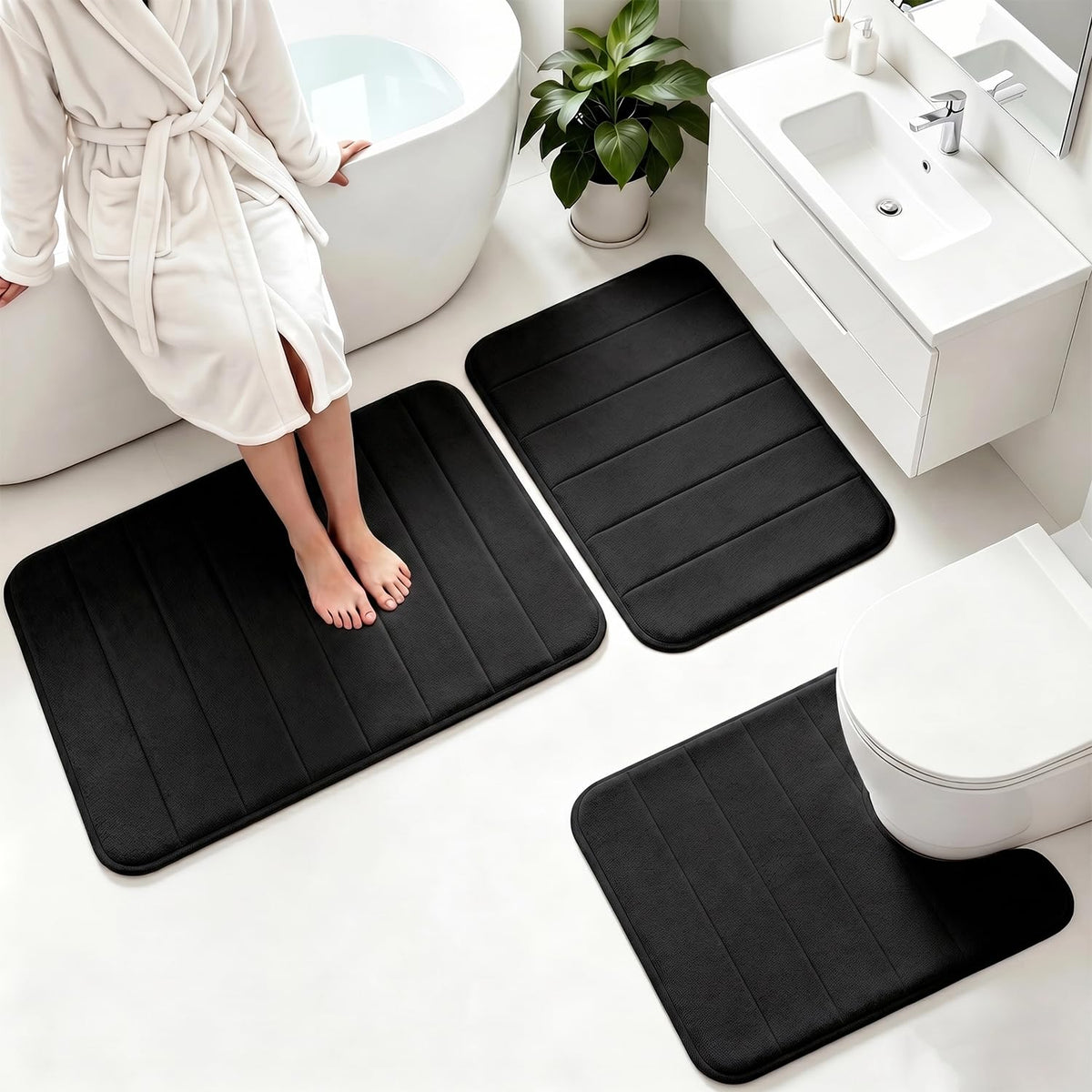 Memory Foam Bath Mat Set 3 Piece，Super Soft Absorbent Bathroom Rug Non Slip, Quick Dry,Machine Wash, Perfect Plush Bathroom Rugs,Home Decor Accessories,Grey