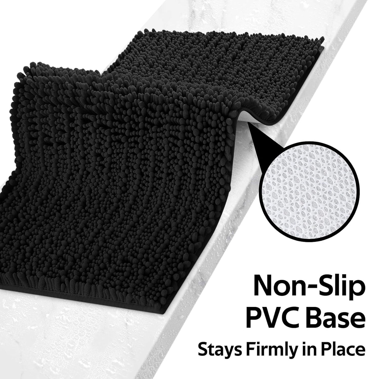 ACCUMTEK Upgrade Extra Large Black Bathroom Rug Set 3 Pieces Ultra Soft, Thick Absorbent Bath Mats, Non Slip Chenille Toilet Mat for Bathroom, Bedroom, Kitchen