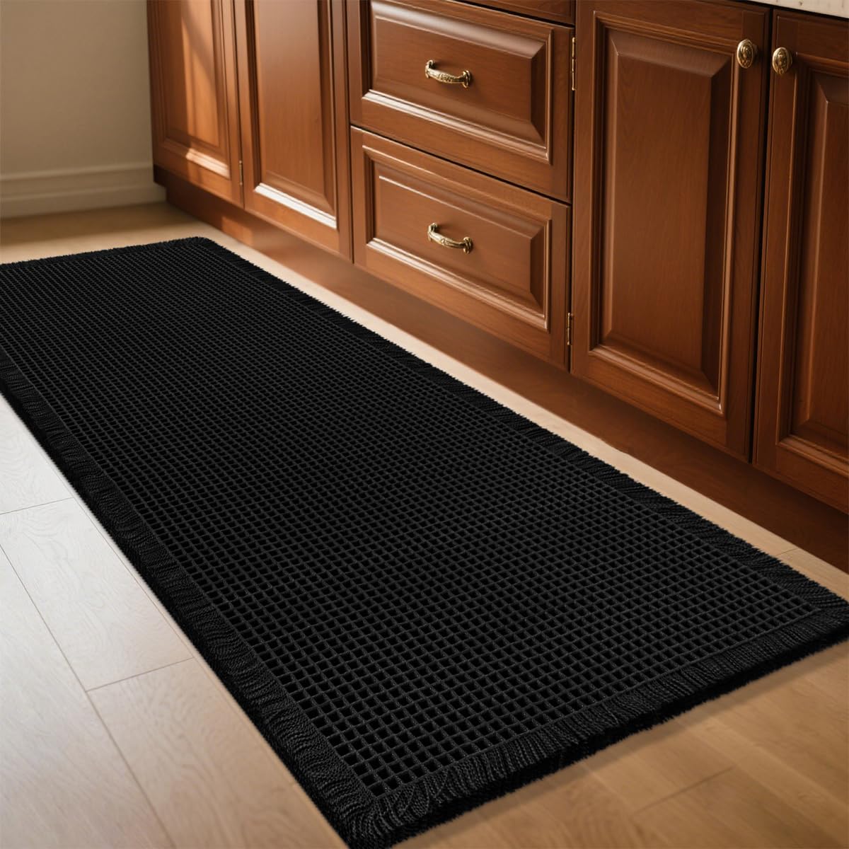 IM HOME Waffle Bath Mat Beige 32"x20", Boho Woven Modern Bath Mat Rugs, Absorbent Non Slip Bathroom Rugs, Soft Washable Bath Rugs with Tassels for Bathroom, Bedroom, Kitchen, Shower, Tub