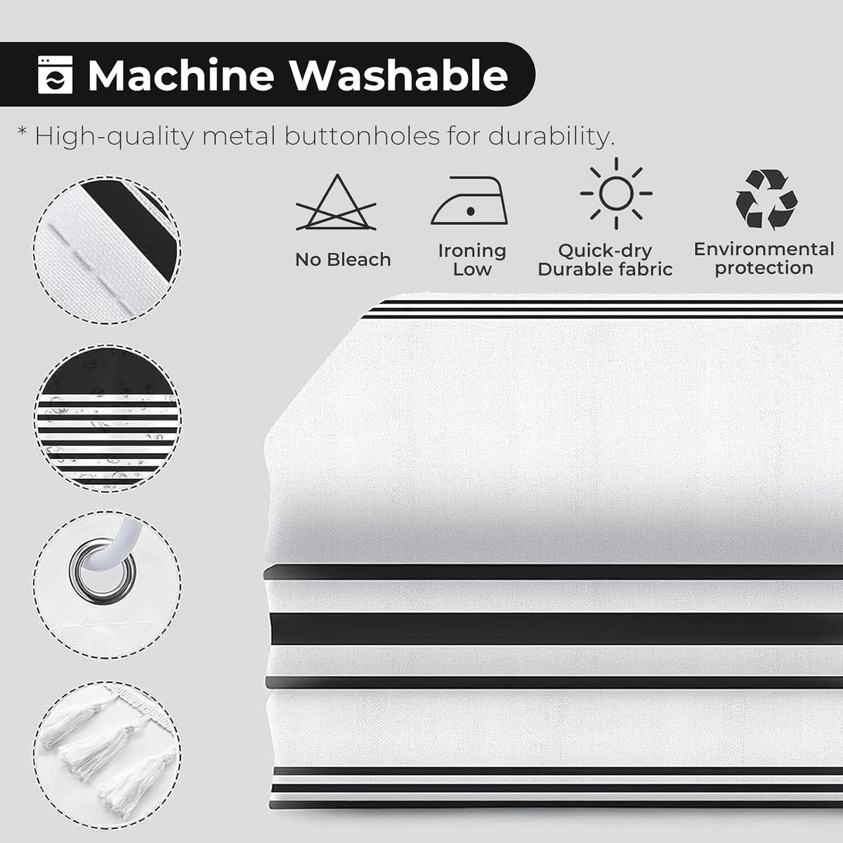 Seasonwood Black and White Shower Curtain with Tassels, 72 x 72