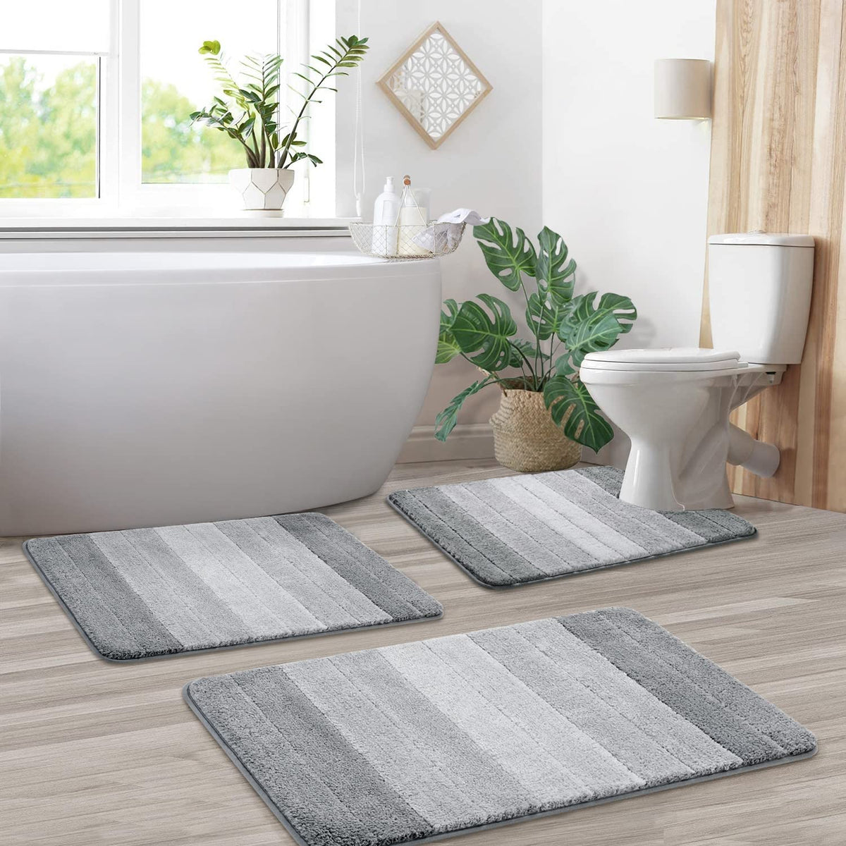 3 Pcs Ombre Bath Mat Set for Bathroom, Non Slip Ultra Soft and Thick Water Absorbent Bath Carpet, Machine Washable & Quick Dry Bathroom Rug, for Bedroom Door Living Room,Green