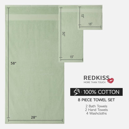 REDKISS Green Towel Set of 8-100% Cotton Luxury Bath Towels Set for Bathroom, 600 GSM Highly Absorbent Bathroom Towel with 2 Large Bath Sheet, 2 Hand, 4 Washcloths, Green Shower Towels for Dorm