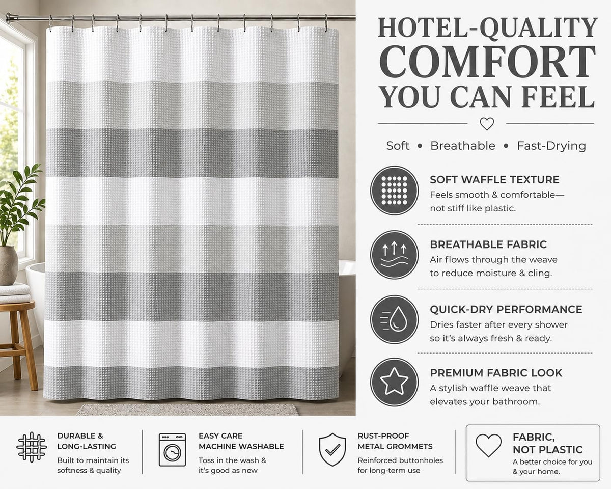 Dainty Home Ombre Waffle Weave Shower Curtain 70 x 72 Grey Textured Fabric Shower Curtain, Hotel Style Waffle Weave Bathroom Curtain, Water Resistant Polyester Ombre Shower Curtain