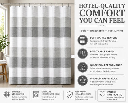Dainty Home Ombre Waffle Weave Shower Curtain 70 x 72 Grey Textured Fabric Shower Curtain, Hotel Style Waffle Weave Bathroom Curtain, Water Resistant Polyester Ombre Shower Curtain