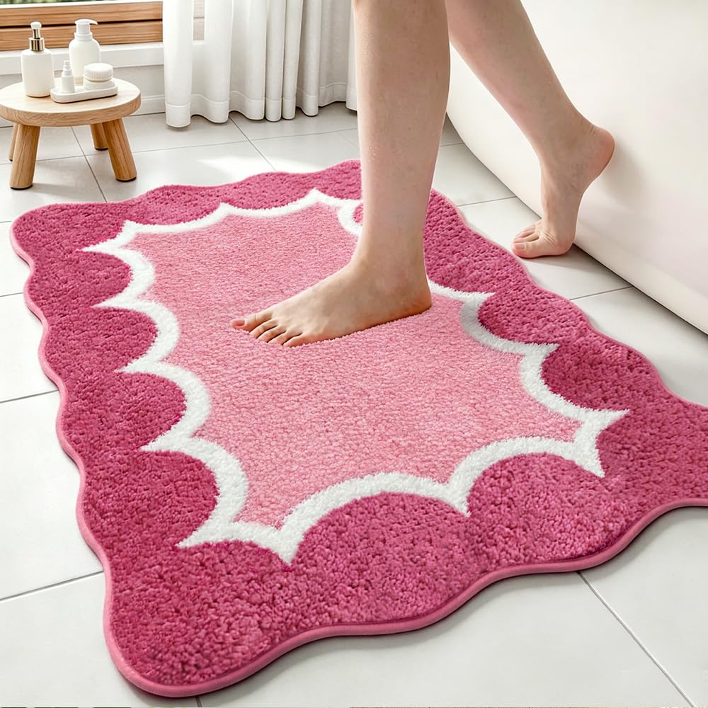 Cute Scalloped Rose Pink Bathroom Rugs Mat,Non Slip Absorbent Quick Dry Bath Mats for Shower Room,Microfiber Bath Mats for Bathroom Floor Washable Carpet for Shower Tub Sink Bedroom,20"x32"
