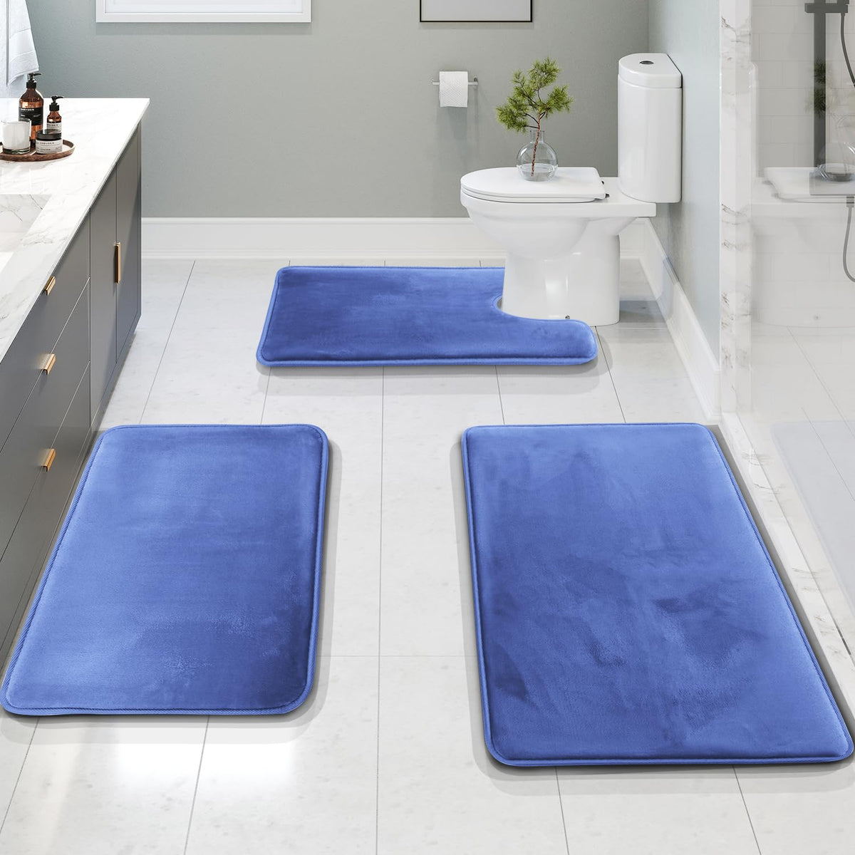 Clara Clark 3 Piece Bathroom Rugs Bath Mat Set, Velvet Memory Foam Bath Mats for Bathroom - Non-Slip, PVC Backing Bath Rugs, Washable - Dries Quickly, Green