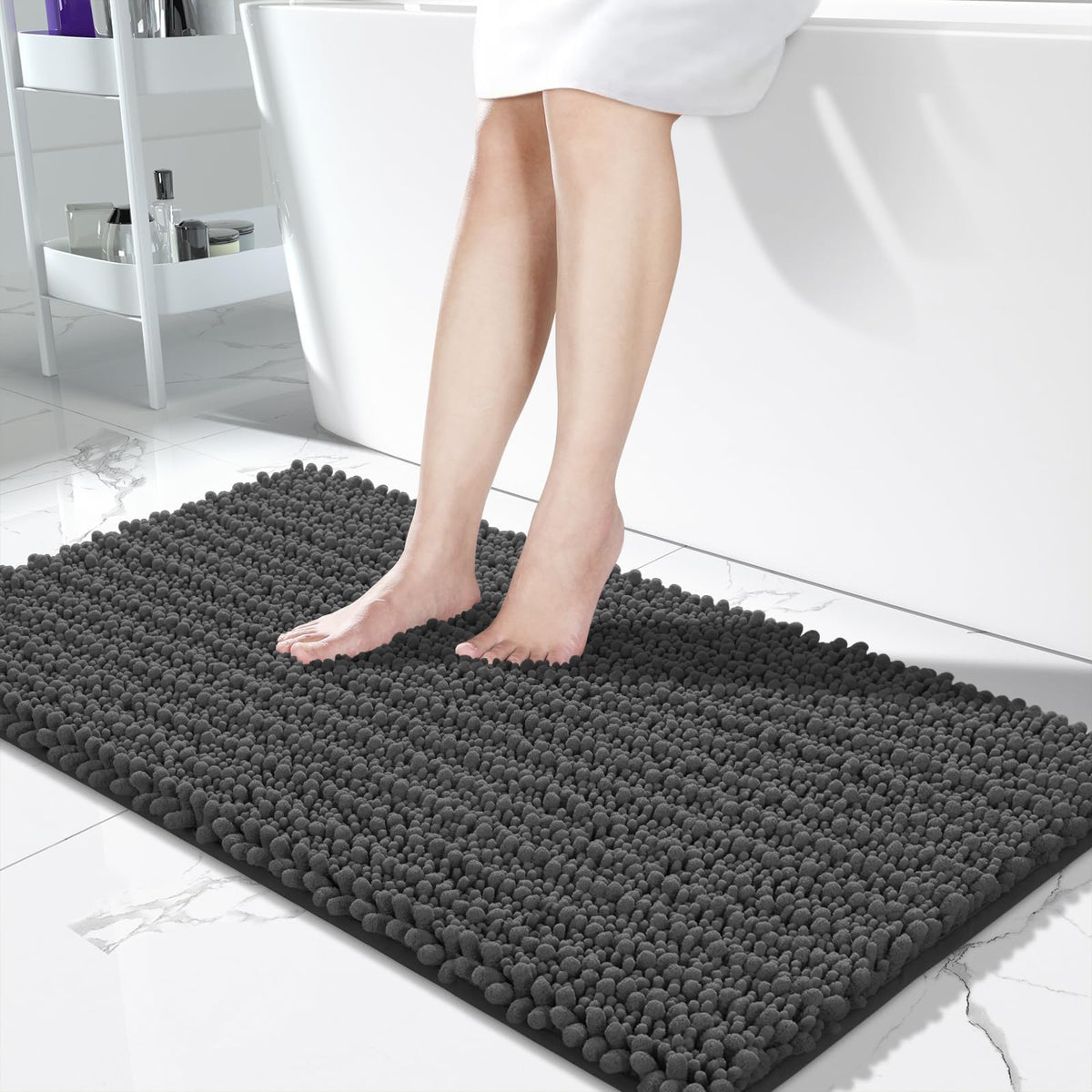 Yimobra Bathroom Rugs Non Slip Washable 32x20 Inch - Ultra Soft Absorbent Chenille Bath Mat, Quick Dry Shaggy Floor Carpet for Tub Shower, Gray Home Decor Accessories