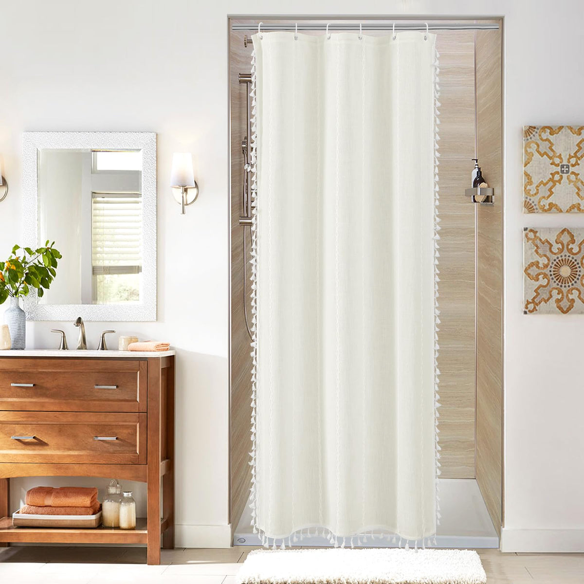 Boho Farmhouse Tassel Linen Shower Curtain,3D Embroidery Stripe Black,72x72