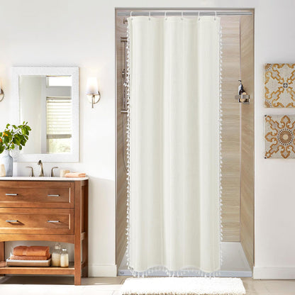Boho Farmhouse Tassel Linen Shower Curtain,3D Embroidery Stripe Black,72x72
