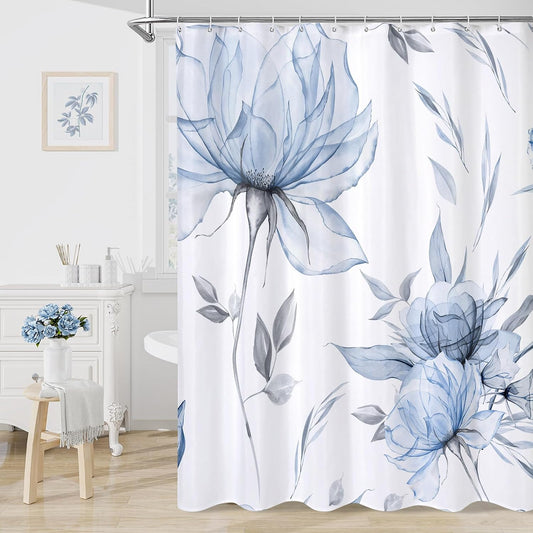 Blue Boho Floral Shower Curtain, Watercolor Botanical Design, 72 x 72
