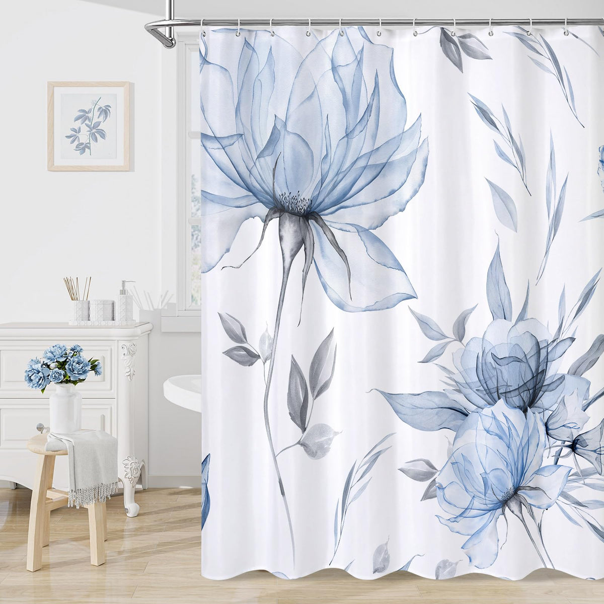 Blue Boho Floral Shower Curtain, Watercolor Botanical Design, 72 x 72