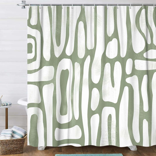 Bondjos Abstract Sage Green Shower Curtain,Boho Modern Geometric Line Art Decor,Abstract Minimalist Farmhouse Style Shower Curtain for Bathroom，Waterproof Polyester Fabric Bathroom Curtain,72x72 Inch