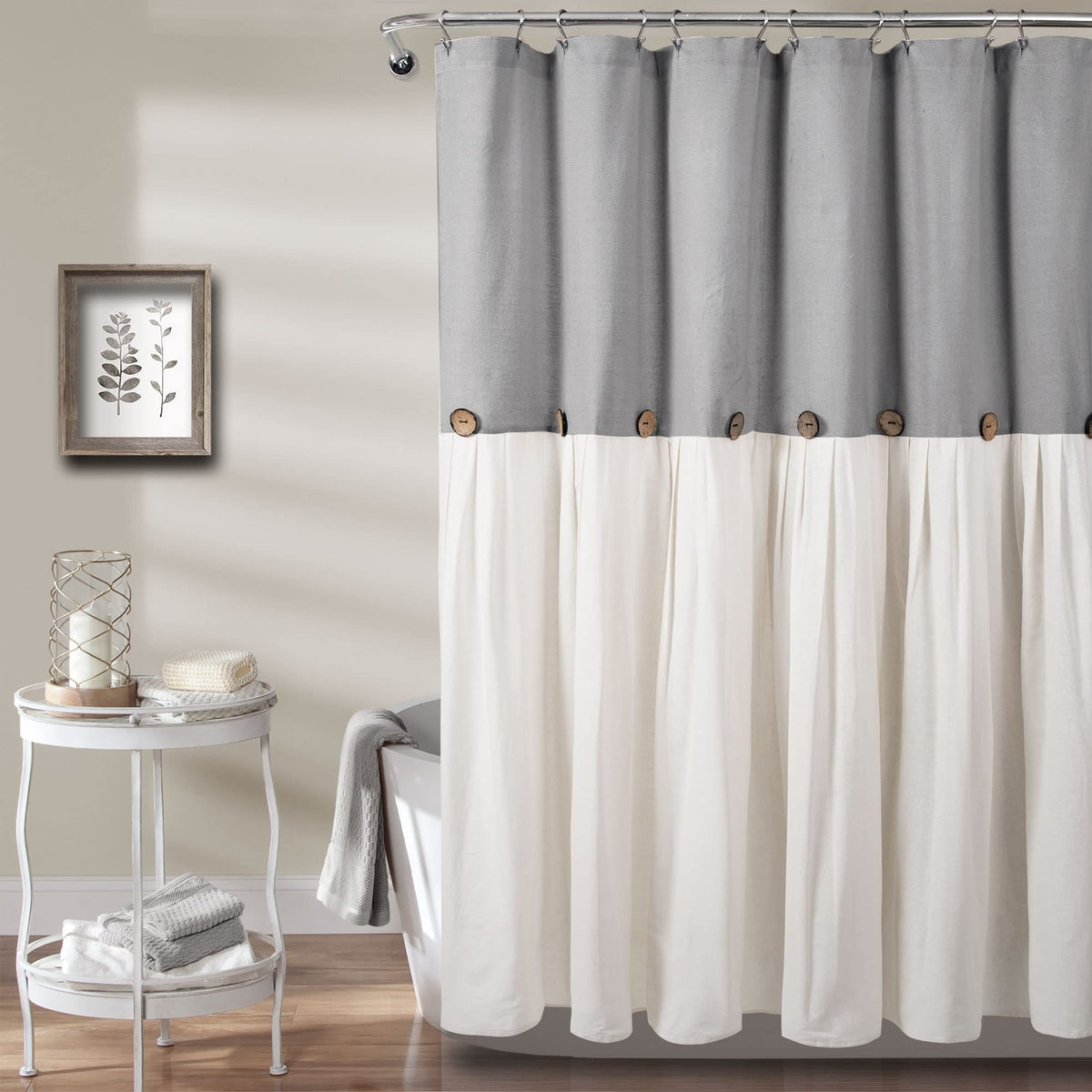 Lush Decor Linen Button Shower Curtain, 72" W x 72" L, Linen - Neural Shower Curtain Fabric - Bathroom Curtain - Farmhouse Bathroom Decor