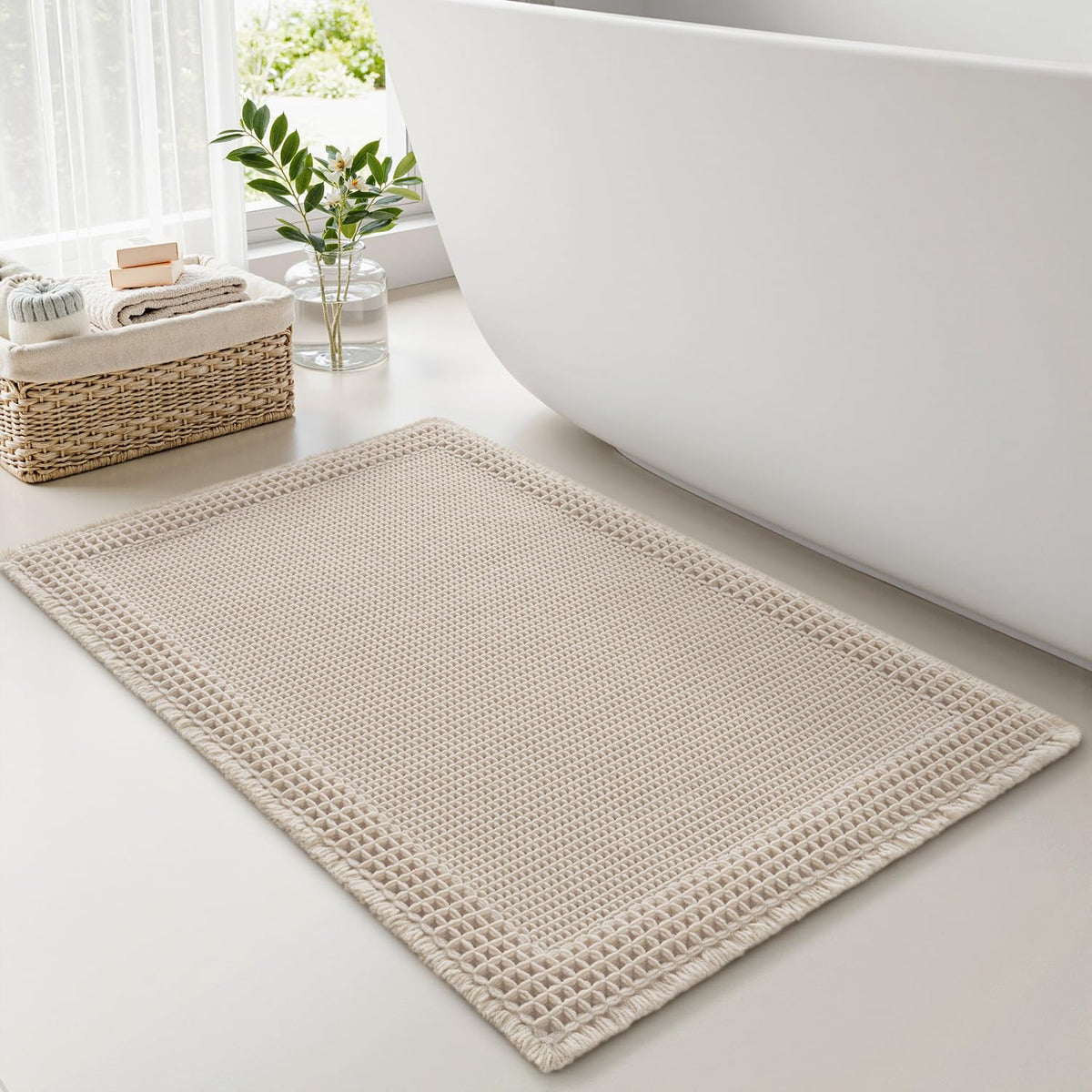 RESARE Waffle Bathroom Runner Rugs, Non Slip Boho Bath Mat 24"x72" Brown