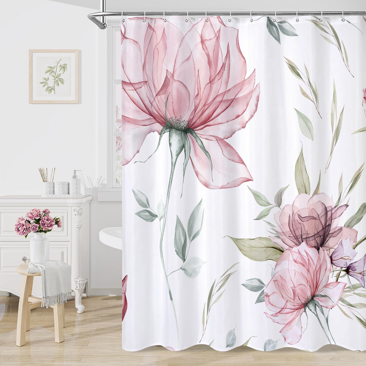 Blue Boho Floral Shower Curtain, Watercolor Botanical Design, 72 x 72