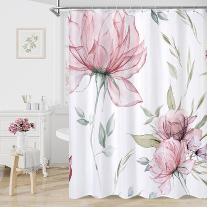 Blue Boho Floral Shower Curtain, Watercolor Botanical Design, 72 x 72