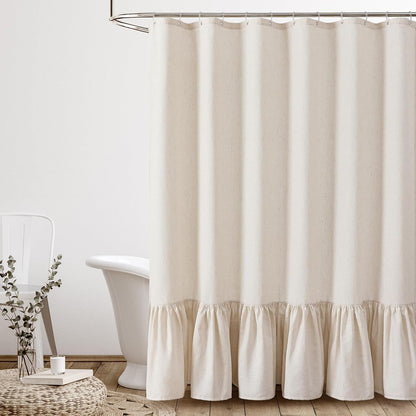 QiyI Boho Ruffle Shower Curtain, Linen Blend Fabric, Natural, 72 x 72